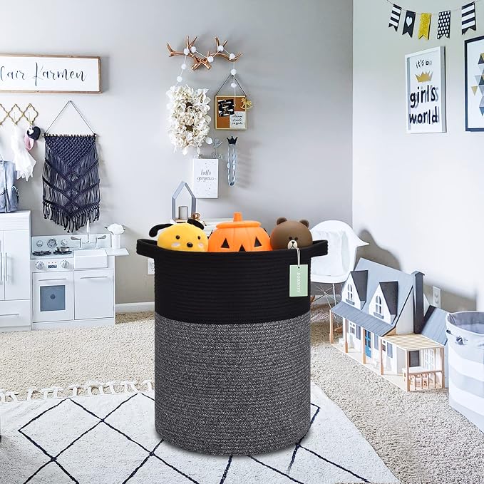 Cotton Rope Blanket Basket, 72L Tall Laundry Hamper, Black & Gray