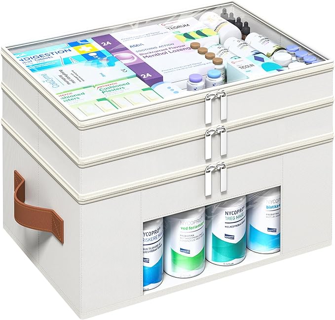 Medicine Organizer for Cabinet, 3-Tier, Beige | Foldable Storage Box, Fabic Medicine Organizer, Clear PVC Cover, Leather Handle, Empty First Aid Kit for Home and Travel