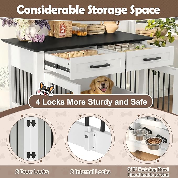 44.48" Large Dog Crate, 3-in-1 Wooden Dogs Crate End Table TV Stand Furniture with 2 Storage Drawers and Rotating Bowls, Decorative Pet House Dog Crates for Small/Medium Dogs, White+Black