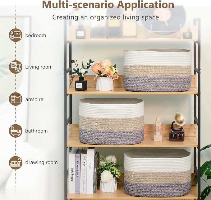 ECDYQXVU 15x10x9 Inch Woven Cotton Rope Storage Basket, 1 Pack | Foldable Design, Built-in Handles, Space-saving Organizer for Living Room, Bedroom, Laundry, Shelves, Clothes, Towels