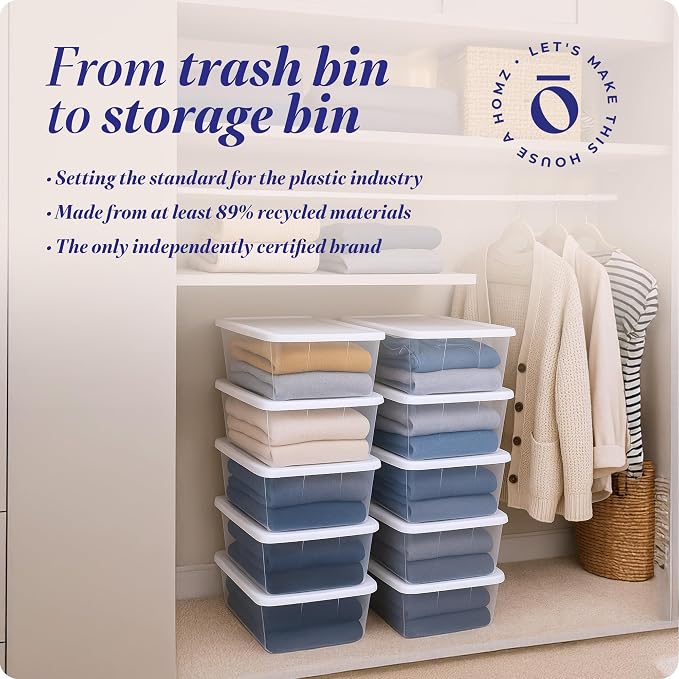 HOMZ Clear Plastic Storage Bins w/Snaplock Lids, 6 Qt, White, 10 Pack | Stackable Container Set for Home, Office Shelves, Kitchen, Garage, and Bathroom Organization