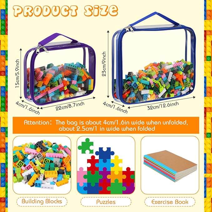 Sanwuta 6 Packs Toy Storage Bags with Zipper,Large, Small,Bright Color | Clear Waterproof Games Storage， Large Portable PVC Container， Reusable Organizer for Board Games, Building Blocks, Puzzles