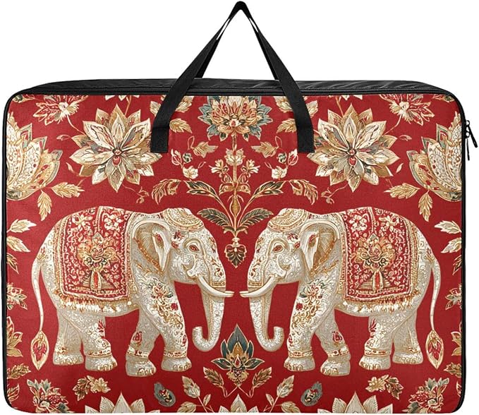 Comforter Storage Bags Large Folding Blanket Organizer Bag with Strong Handles Clear Window Closet Storage Containers for Clothes King Queen Pillows Bedding Quilt Duvet Red Elephants Florals Or