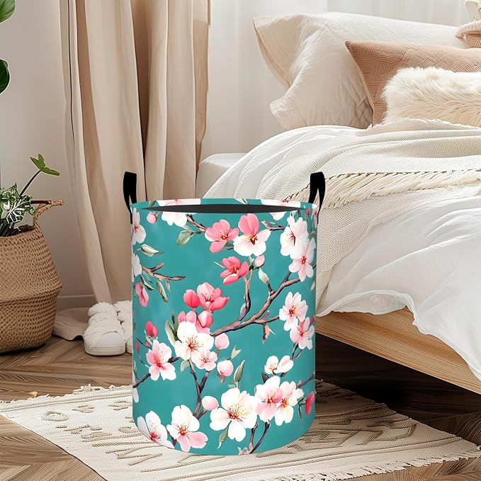Cherry Blossom Laundry Basket, Oxford Cloth Romantic Elegant Dirty Clothes Collapsible Hamper for Room Decor, Floral Botanical Print Gifts Toy Organizer 19.7*15.7 Inch for Bedroom Bathroom Dorm