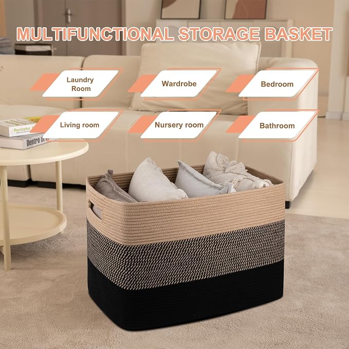 OIAHOMY 108L Extra Large Blanket Basket Dog Toy Basket Yellow and Black | Rectangle Woven Baskets for Storage Cotton Rope Basket For Living Room Toy Storage Blanket Storage Laundry Basket