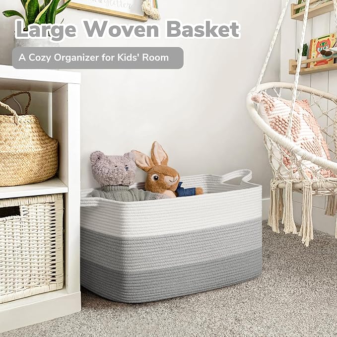 Goodpick Large Woven Rope Blanket Basket, Rectangle, Light Gray | 21.6'' x 14.9'' x 11.8'' Storage Basket for Blankets, Pillows & Toys, Living Room & Nursery Organization, Reinforced Handles