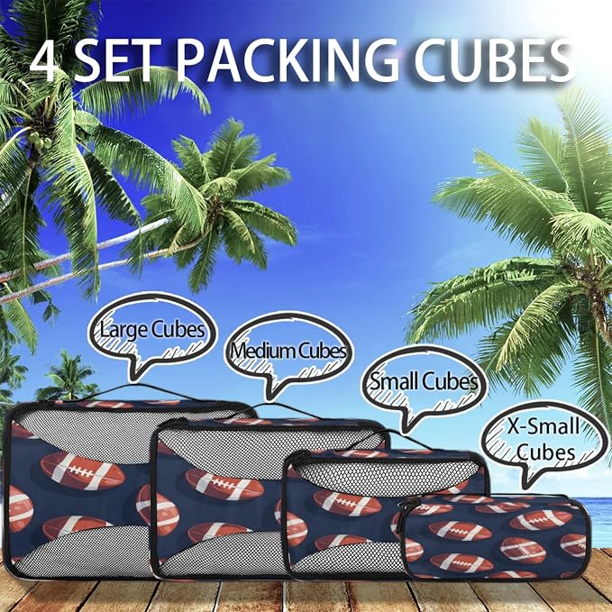 4 Set Packing Cubes for Travel, American Football Packing Cubes for Women, Travel Luggage Packing Organizers, Packing Cube Set, Football