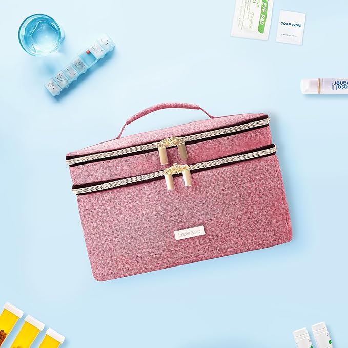 Lexeeco Travel Medicine Pill Bottle Organizer Bag with Portable Small Pouch | Medication Case with Lockable Zipper for Pill,Vitamin,Medicine Storage Box for College Dorm Student,Home,First Aid Bag Empty