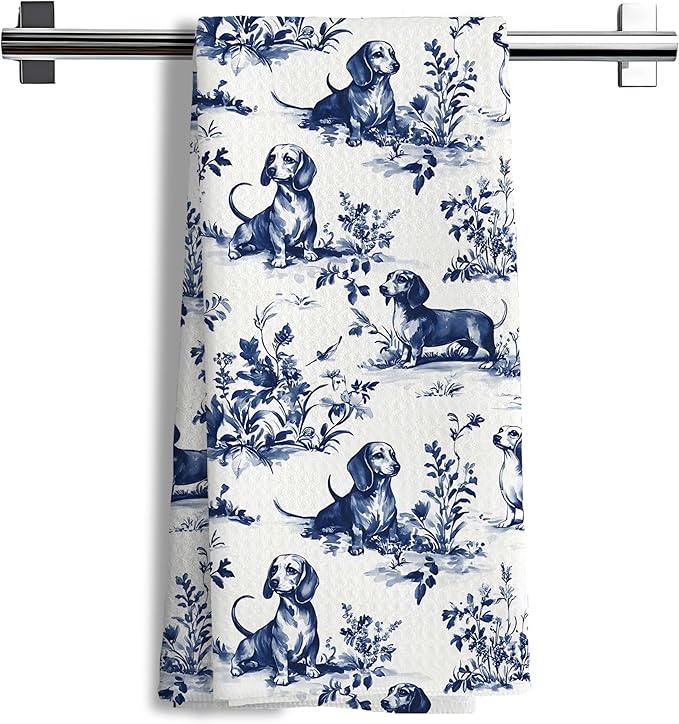 Chinoiserie Dachshund Floral Kitchen Towels, Blue and White Floral Botanical Dachshund Decorative Dish Tea Towels, Grandmillennial Weiner Dog Hand Towels for Kitchen Bathroom, 16x24 Inch