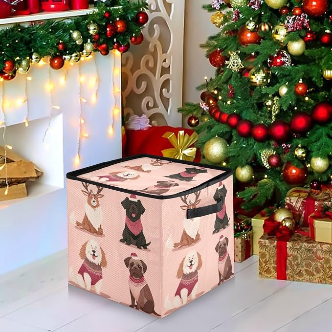 OTVEE Christmas Ornament Storage Box Holiday Decoration Organizer Stores upto 64 Holiday Ornaments Adjustable Dividers Tear-Proof Fabric Festive Pet Art