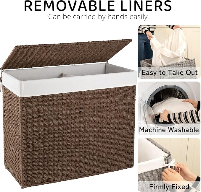 OIAHOMY Laundry Hamper with Lid, 140L(35.7 Gal) Large Wicker Laundry Basket for Bedroom, Handwoven Paper Rope Clothes Hamper with Washable Liner & Metal Frame, Decorative Organizer for Bathroom Brown