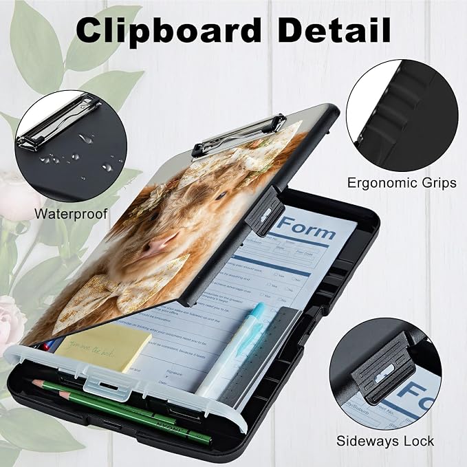 A4 Clipboard with Storage Pen Holder, Clipboards Organizer Nursing Clipboard Foldable File Folder Plastic Clipboard Folio Clip Board for Office Work Classroom Doctor, Yellow Baby Cow