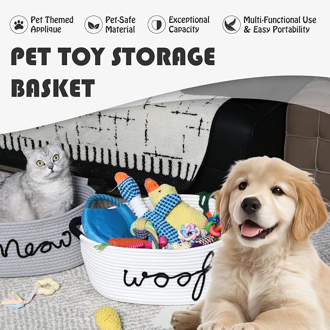 Sea Team Dog Toy Storage Basket with Handles, White Woof | Large Cotton Rope Storage Bin, Shelf Basket, Organizer for Pet Chew Toys, Foods, 16.5 x 11 x 7 Inches, 4.4 Gallons