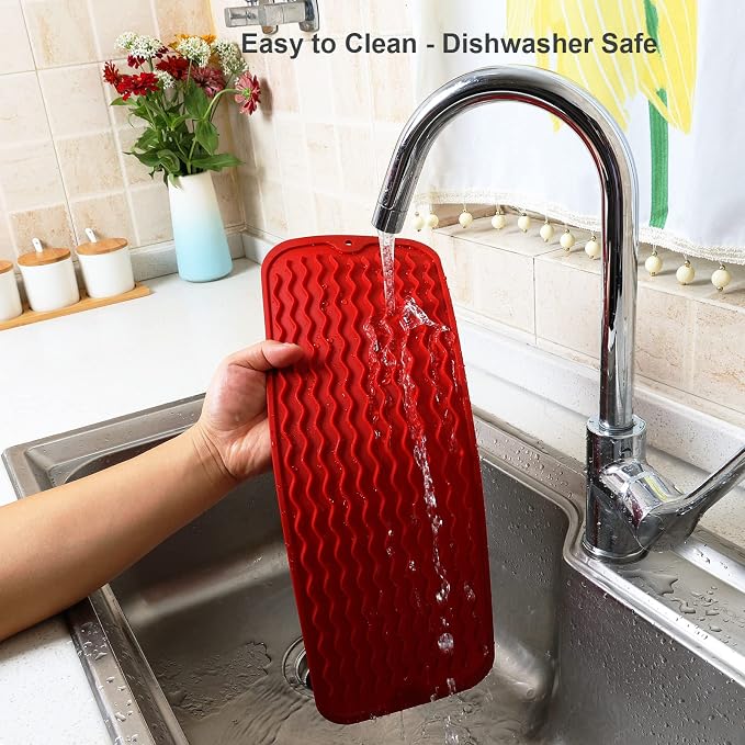 ZLR Small Dish Drying Mat for Kitchen Counter, 6"x17", Lava Red | Narrow Silicone Drainer for Apartment, Dorm & RV, Wavy Ridges Quick-Dry, Non-Slip, Rolls Up, Dishwasher Safe