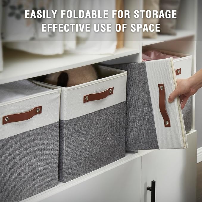 13x15x13 Storage Cube Bins, Foldable Storage Organizer Baskets, Fabric Cube Storage Boxes with 2 Reinforced PU Handles for Kallax, Shelves, Living Room | 4 Pack, Gray & White