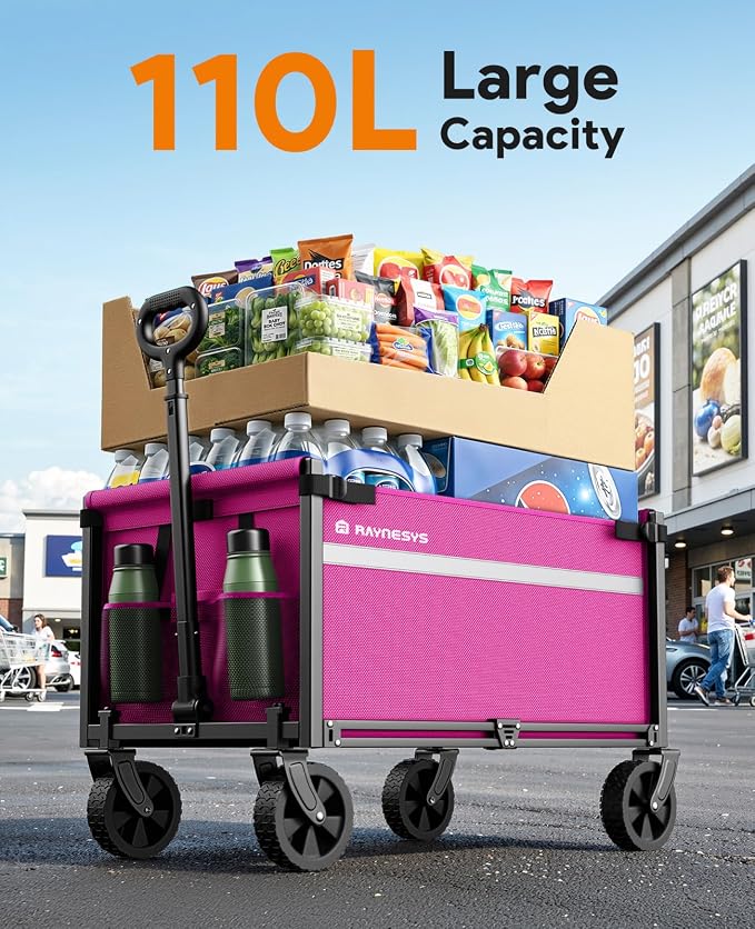 Collapsible Wagon Cart with Wheels, 220LBS for Grocery Shopping Camping | 110L Capacity Wagons Carts Foldable,220LBS Heavy Duty Wagon Carts, Lightweight Portable Utility Cart,All-Terrain Wheels