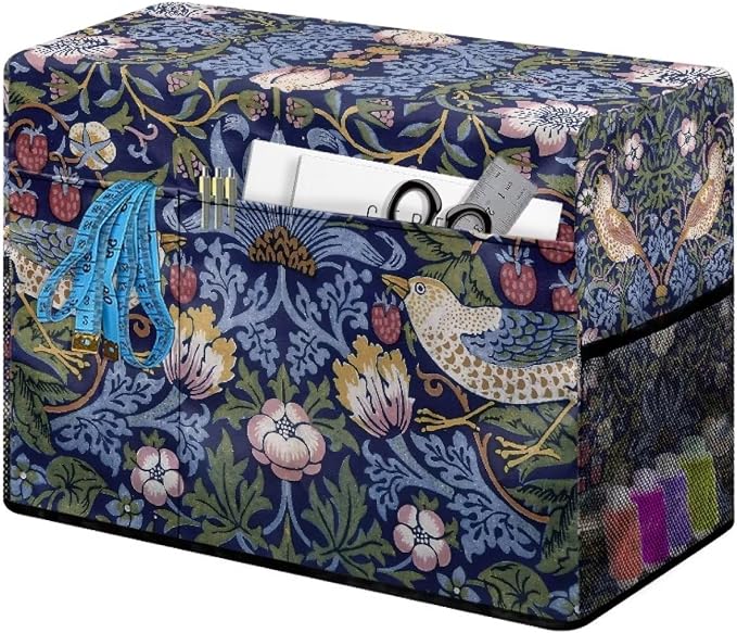 William Morris Strawberry Thief Sewing Machine Cover: Dust - Resistant, Mesh Storage Pockets, Fits Most Standard Machines,17.7 x 8.6 x 12.5 inches(Blue)