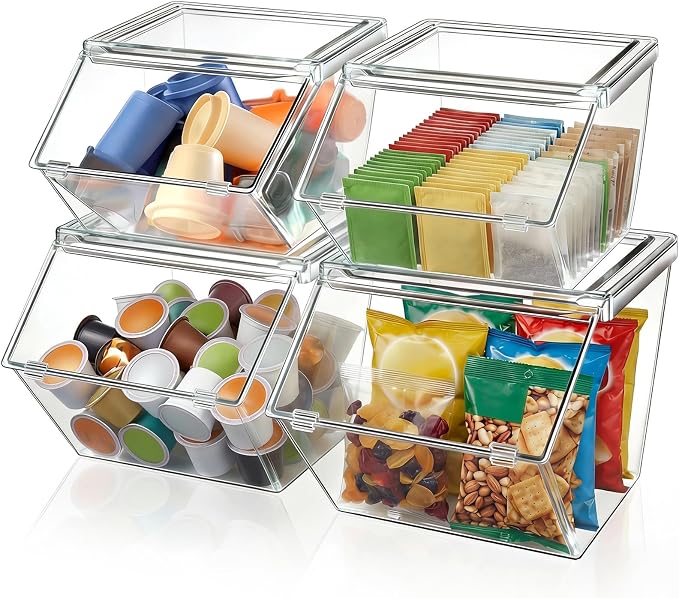 Yerliker 4 Pcs Clear Plastic Storage Bins with Lids Stackable Pantry Storage Organizer Kitchen Cabinet Organizers Ideal Containers for Coffee Pod Tea Sugar Bag Cabinet Home (Large)