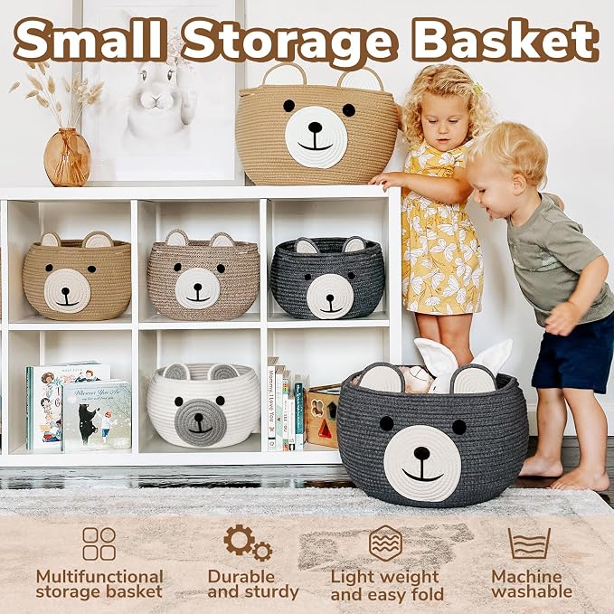 CherryNow Baby Basket for Gifts Empty, Cute Bear Design, Brown | 10.5" x 8.5" Baby Shower Basket for Kids Boys Newborn Storage, Toy Basket for Living Room Nursery Décor, Soft Cotton Rope