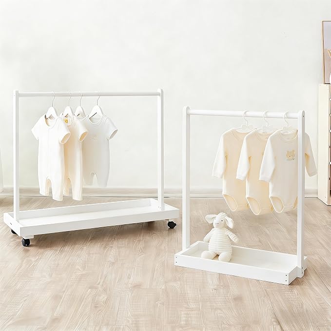 Baby Clothing Rack for Baby Shower, Pets Clothes Rack with Storage Box & Hanging Rod for Dogs Cats Dolls Clothes Display, Mini Baby Shower Crate Closet Rack (White)