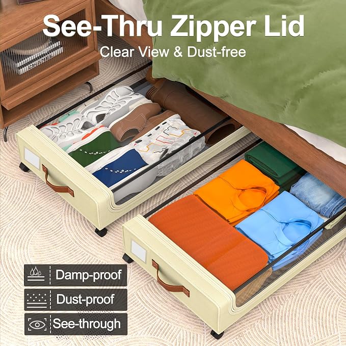 GoMaihe Under Bed Storage with Wheels 48L Beige 2-Pack | Underbed Storage Containers with Lids Rolling Bins for Shoes Clothes in Dorm Bedroom - Metal Drawers Easy Pull-out