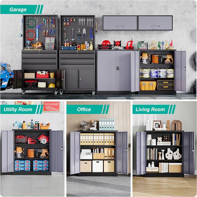 Small Metal Cabinet with Shelves,36 inch Garage Storage Cabinet with Lock,Gray Metal Storage Cabinets with Locking Doors,Small Steel Lockable Cabinets for Home,Office,Shop,Garage