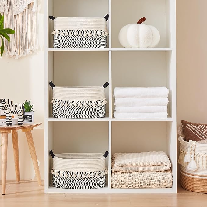 Storage Basket, Woven Baskets for Shelves, White/Black | 3 Pack Boho Cotton Rope Storage Baskets, 14" x 9" x 8", Home Organizer for Nursery, Holds Toys, Books & Towels