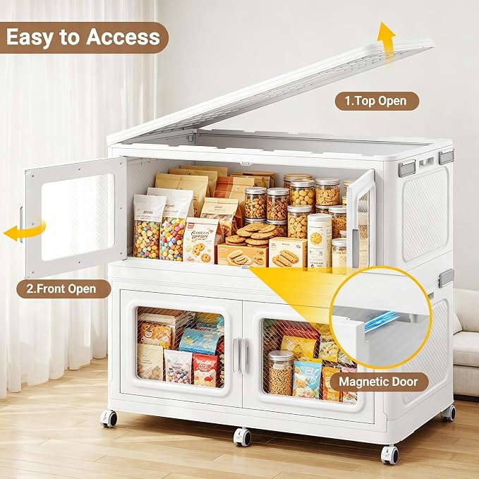 BROVIEW 150 Qt Extra Large Stackable Storage Bin with Lids, 3 Pack White | 37.5Gal Extra Large, Collapsible Storage Boxes with 3 Lids, Folding& Rolling Plastic Drawer, Heavy-Duty Cabinet Organization