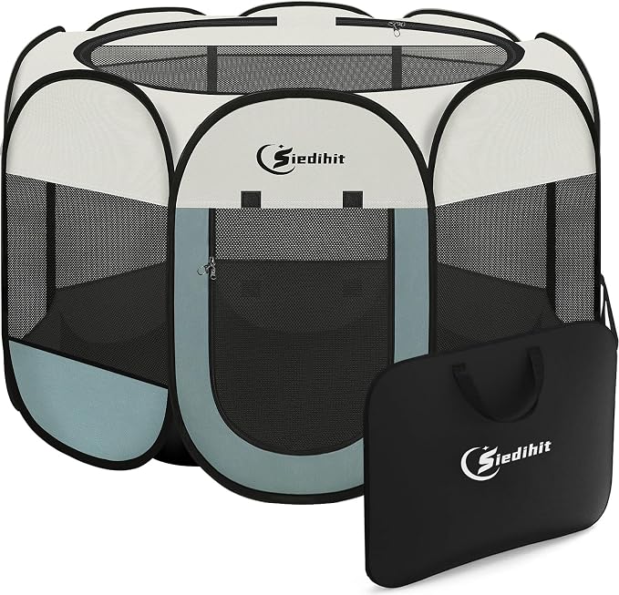 Siedihit Dog Playpen Tent Crate Cage Indoor Outdoor Travel Extra Large Grey | Pet Nursing Enclosure Camping Rest Zone for Recovering Pets 600D waterproof polyester Oxford, Breathable double-layer mesh