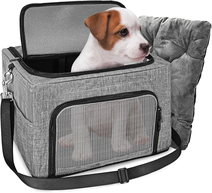 SlowTon Dog Car Seat - with Reinforced Metal Frame for Pets up to 15lbs | Safe Pet Car Seat with Safety Belt & Waterproof Pee Pad & Top Cover, Portable Collapsible Puppy Carrier Bag for Small Dogs