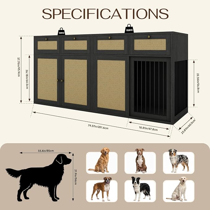 PureCozy 2-Piece Dog Crate Furniture, Right, 80 Inch, Black Oak | Right-unit kennel with metal sliding door plus cane storage cabinet and 4 total drawers; furniture-style indoor console.