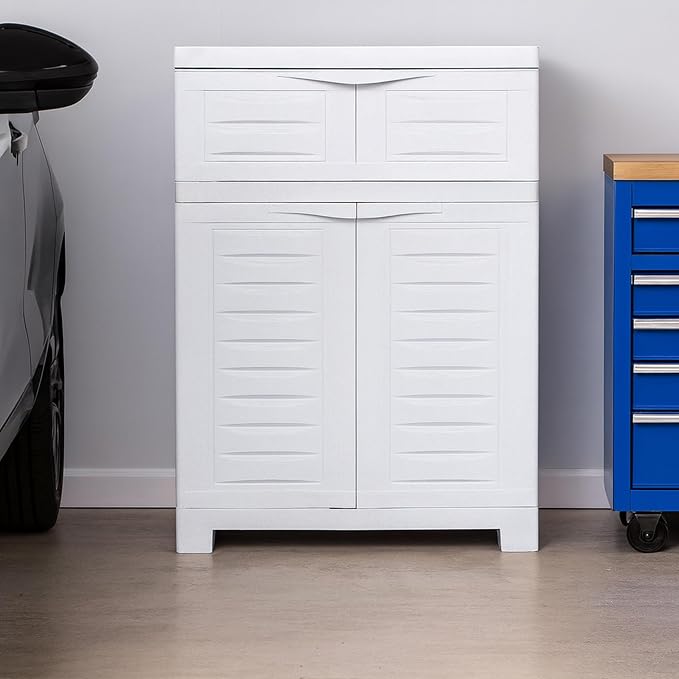 Sunnydaze 34.5" Garage Storage Cabinet with Adjusting Shelf, Speckled White | Heavy Duty Resin Storage Cabinet Resists Rust & Peeling, Utility Cabinet with Drawer & Anti-Tip Kit for Laundry, Office