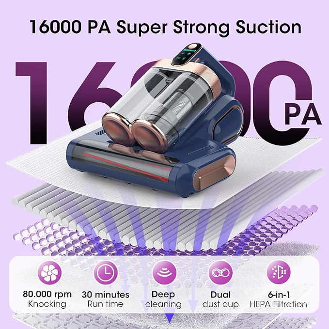 Bed Mattress Vacuum Cleaner Cordless 16Kpa Handheld Vacuum, Vacuum Cleaner with 253.7nm UV-C Light,HEPA Filter & Ultrasonic, Portable Vacuums for Sofa Couch Crib Birthday Gifts for women blue+gold | HEPA Filter & Ultrasonic, Portable Vacuums for Sofa C...