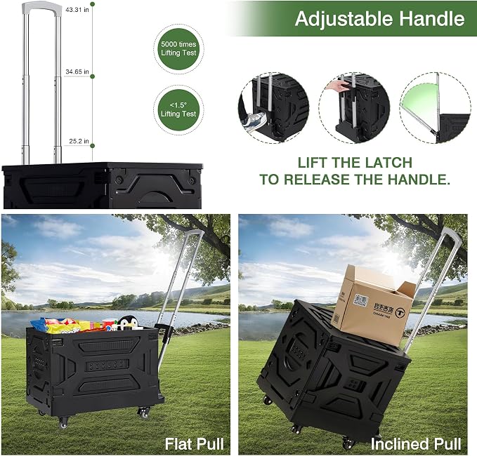 VECELO 16 GAL 2-in-1 Foldable Shopping Cart, Collapsible Utility Cart with Adjustable Handle & 360° Wheels, Dual-Mode Rolling Crate (Basket/Flatbed) for Groceries, Camping, Compact Storage, Black