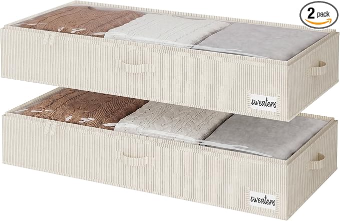 StorageWorks 7 Inch Low Profile Under Bed Storage Containers with Clear Lid | Reinforced Structure, Resists Sagging, Handles & Label Holder, Foldable Stackable Closet Storage for Clothes, Blankets, Toys