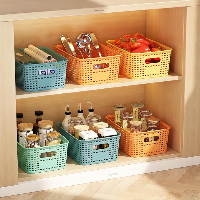 ORGIDOL Plastic Storage Basket with Lids 12 Pack Stackable Colorful Storage Bins Containers with Lid, Decorative Storage Boxes for Organizing Shelves, Drawers, Playroom, Classroom, Office, Closet