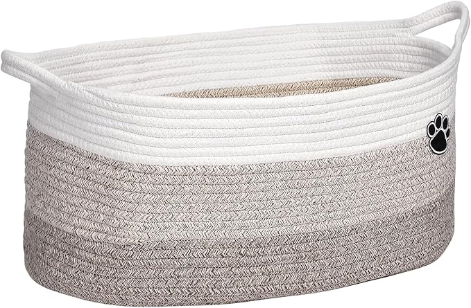 Optish 25L Dog Toy Basket,16.5" x 11" x 9" Medium Toy Storage Box and Bin with Handles, Woven Rope Foldable Basket for Blankets, Living Room, Bedroom, Home Decor, White & Brown