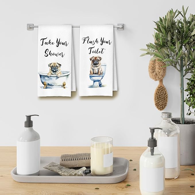 Funny Pug Dog Hand Towels for Bathroom Washroom, Gifts for Pug Lovers Women Men, Dog Bathroom Decor, 16x24 Inch Set of 4