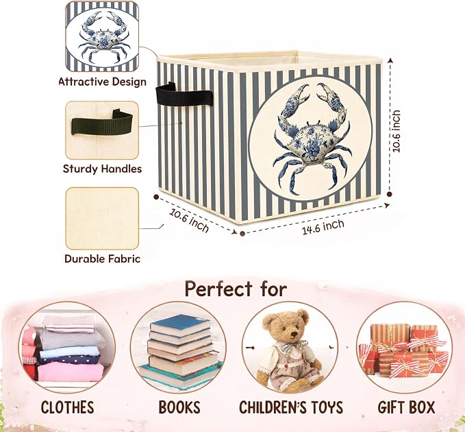 Crab Storage Bin, Foldable Fabric Basket for Kids Room Bathroom | Foldable fabric storage bin with coastal crab design for toys, books, clothes, nursery, bathroom, and playroom use.