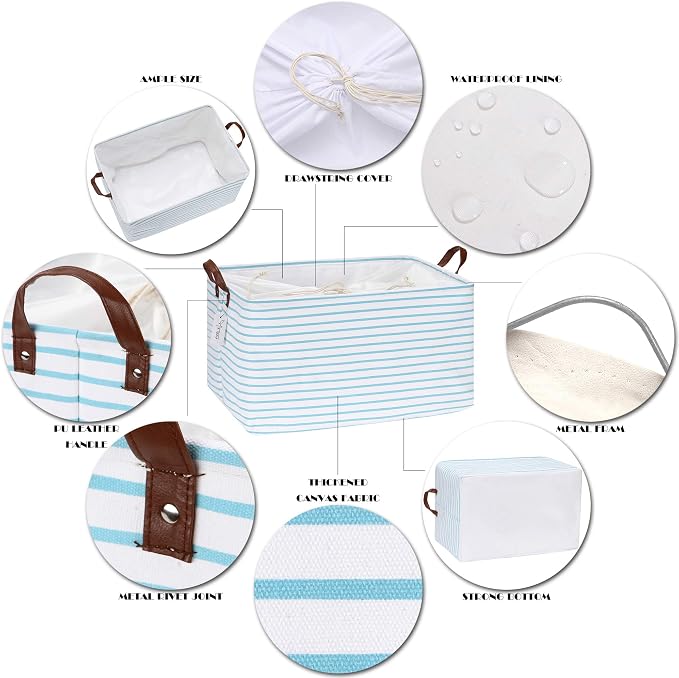 Hinwo 70L Extra Large Canvas Storage Bin with Lid and Handles | Collapsible Fabric Basket, Closet Shelf Organizer, Container for Clothing, Blankets, Toys, Bedding (Aqua Stripe)