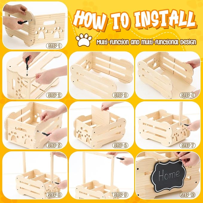 Wooden Dog Wardrobe Closet 20"x15"x9" Pet Goose Outfit Toy Storage Basket Crate with Hanging Rod Bone Shape Organizer Closet for Dog Toy Clothes Accessories with 8 Hanger 10 Clip 1 Small Blackboard