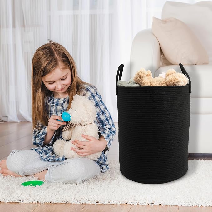 Woven Cotton Rope Laundry Basket, 15" x 20" Laundry Hamper, Black | Rope storage basket for dirty clothes, toys and blankets. Perfect for bathroom, baby nursery and living room storage.