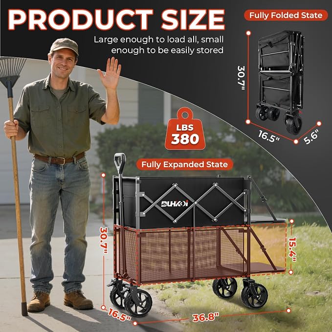 Double Decker Collapsible Wagon with Brakes,Compact with Tailgate | Big All-Terrain Wheels , 2-Tier for Camping Gear, Sports, Groceries, Shopping, Garden & Outdoor Use Black