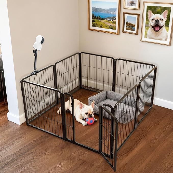 FXW Homeplus Indoor Dog Playpen with Camera Mount, 24" H, 8 Panels | Calm Indoor Play Area, Wider Viewing Angles with Stable Support, for Puppies & Small Dogs, Patented