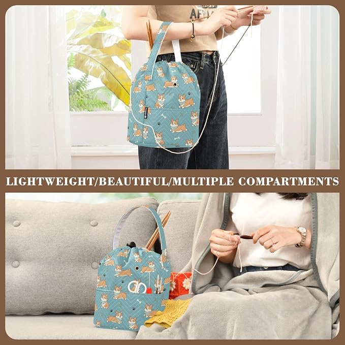 Cute Dogs Pets Blue Crochet Bag Organizer Portable Yarn Storage Yarn Holder with Drawstring Closure Crochet Accessories Knitting Bag for Knitting Kit Supplies Travel