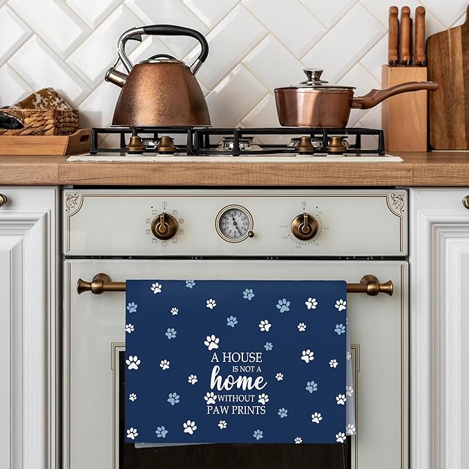 Blue Paw Farmhouse Kitchen Towels Decor Gifts for Women Pet Lovers, A House is Not A Home Without Paw Prints Decorative Bathroom Towels, Funny Dish Hand Towels for Kitchen Drying 16x24 Inch