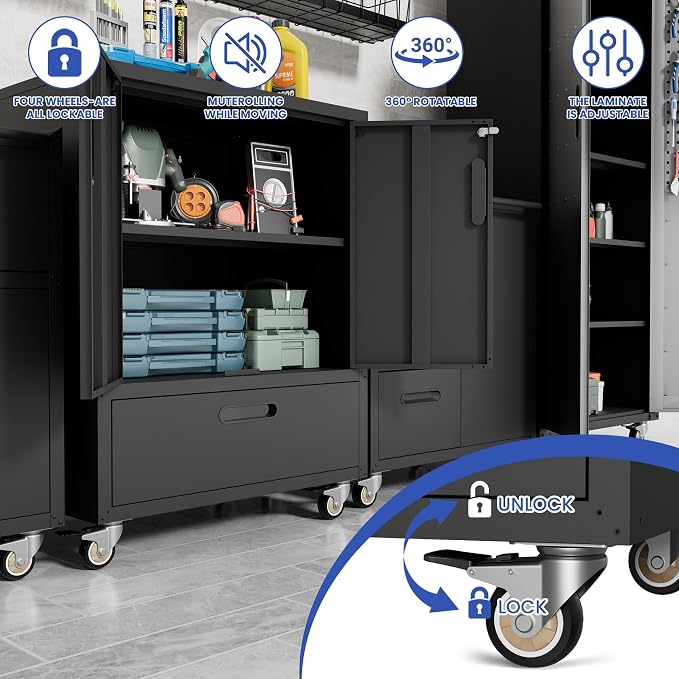 Metal Rolling Tool Storage Cabinet with 2 Locking Doors and 1 Drawer,Black | Heavy Duty Mobile Tool Cabinets for Garage,Metal Storage Cabinets with Wheels,Assembly Required