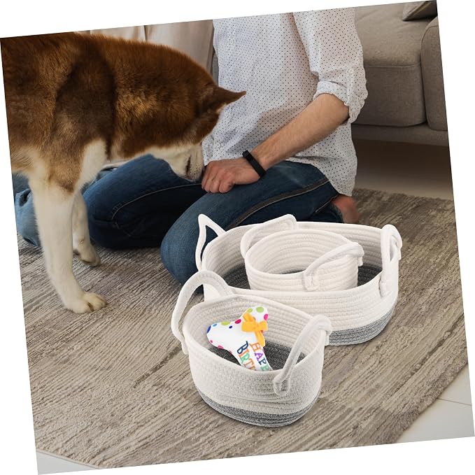 3pcs Woven Dog Toy Storage Basket Double Handles Rope Organizer for Pet Toys Compact and Practical Design for Home and Utility Rooms