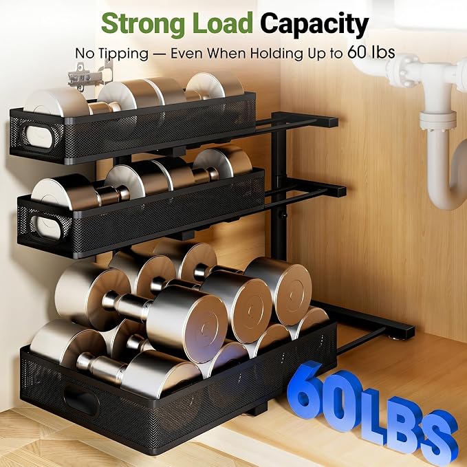 Under Sink Organizer 3 Tier, 4 Pack L-Shaped Pull-Out Cabinet Organizer with Sliding Metal Mesh Drawers, Height Adjustable Under Sink Storage Rack for Kitchen Bathroom Cabinet, Black