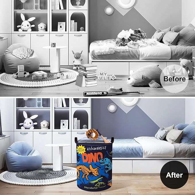 Clastyle Large Boho Dinosaur Pterosaur Boy Book Toy Storage Basket for Kid | Dino Skeleton Dirty Clothes Laundry Hamper, Colorful 45L Waterproof Nursery Playroom Bedroom Bathroom Shelf, Blue Dragon